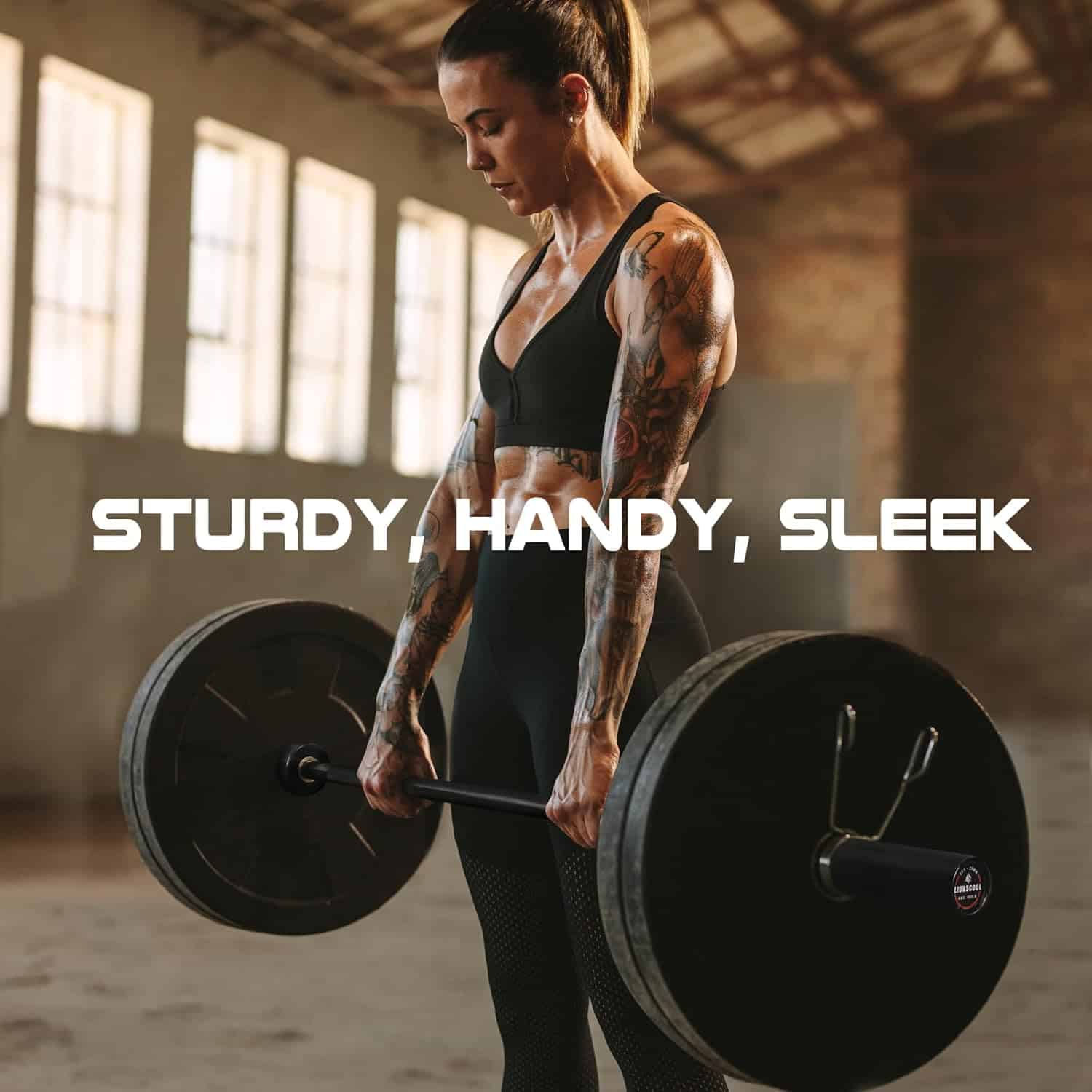 Woman lifting a barbell in a gym with text 'STURDY, HANDY, SLEEK'.
