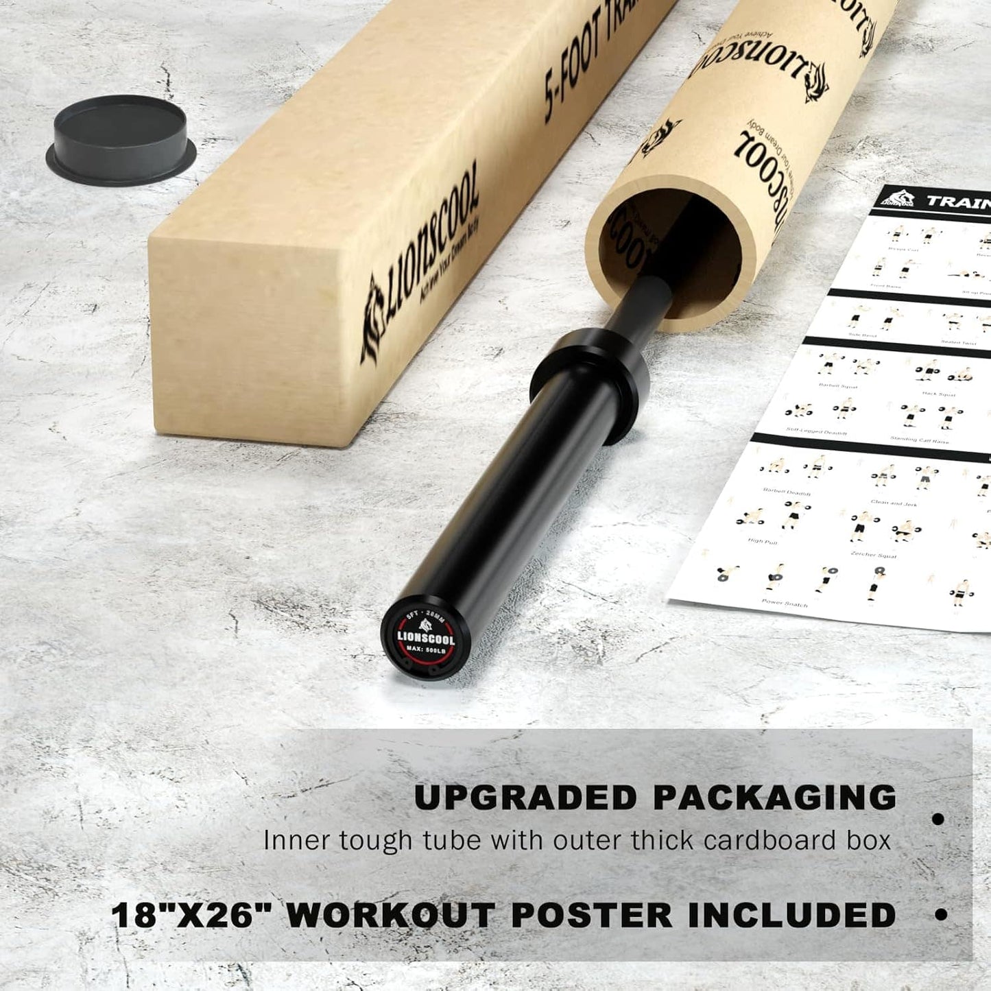 Black inner tube with cardboard packaging and workout poster on a light gray surface