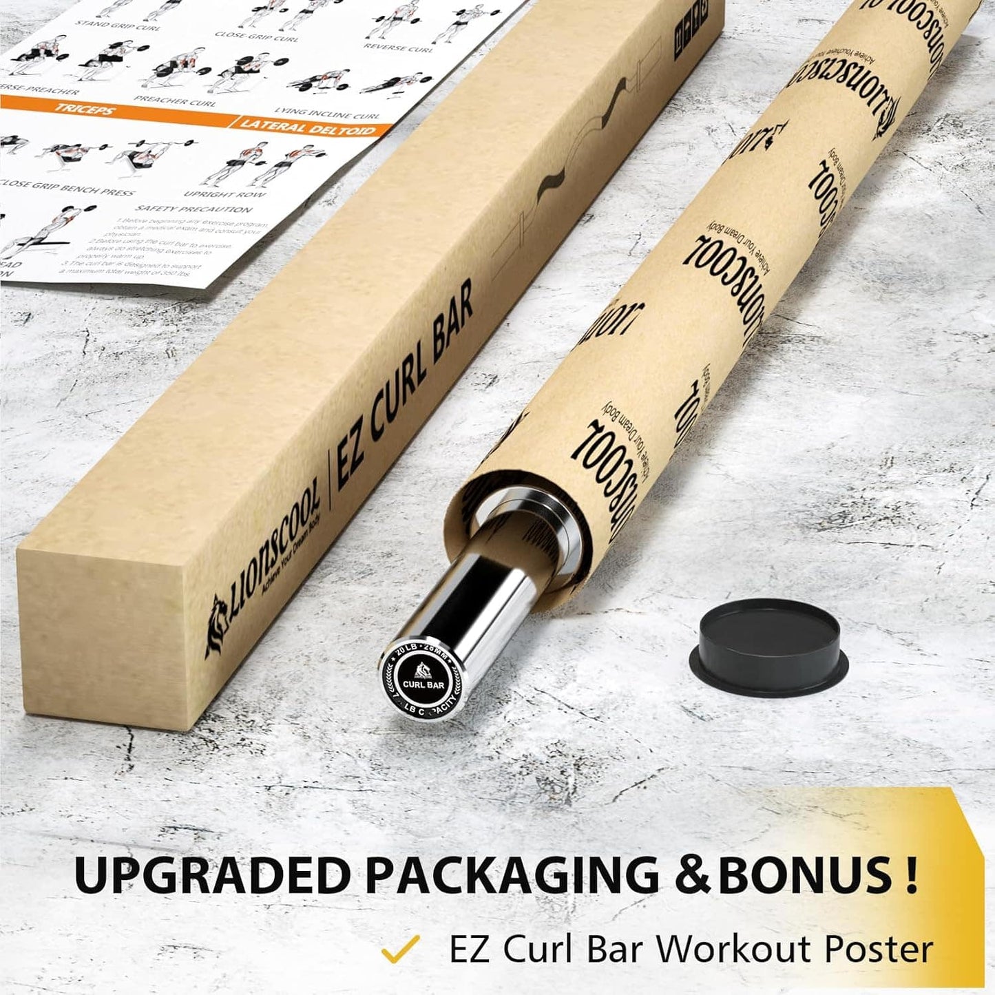 Barbell with upgraded packaging and bonus workout poster on a textured surface