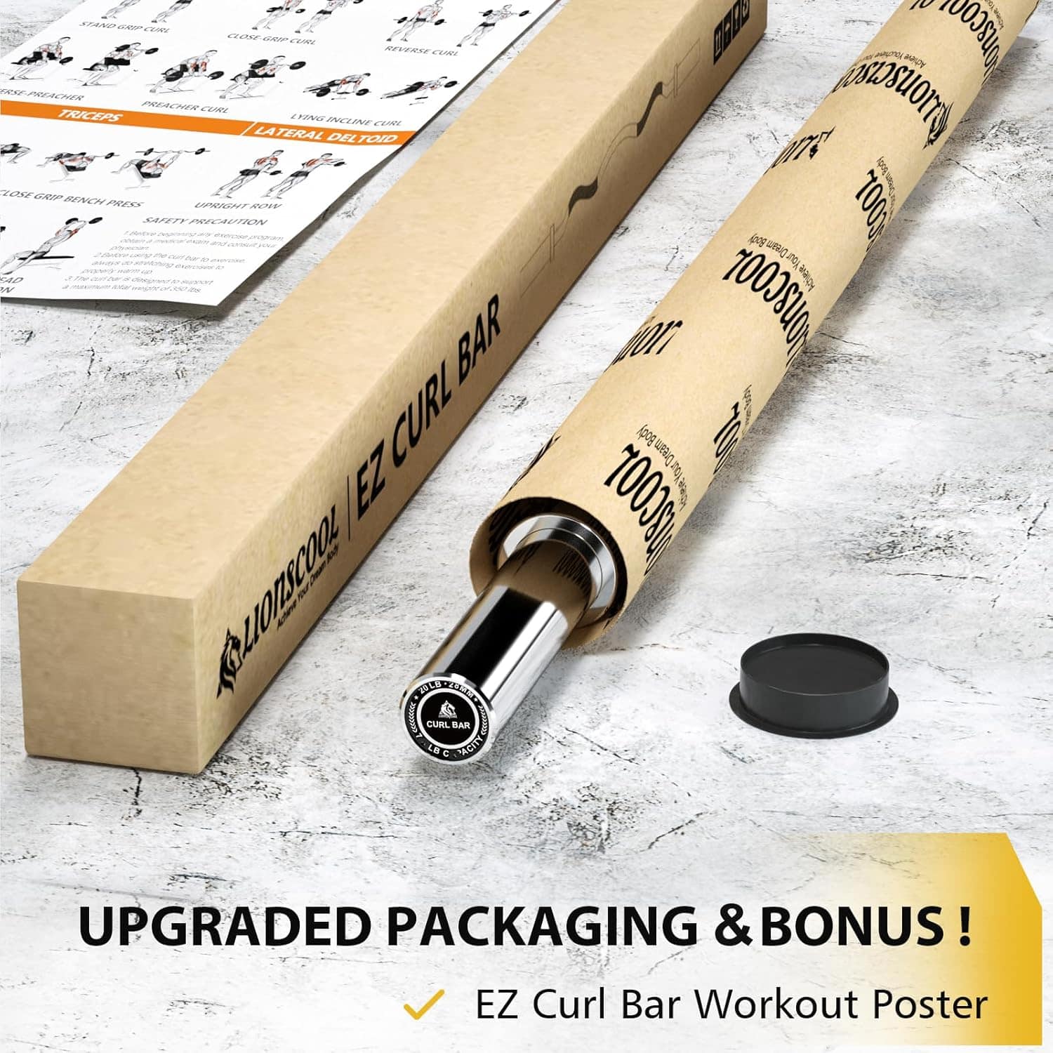 Barbell with upgraded packaging and bonus workout poster on a textured surface