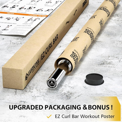 Barbell with upgraded packaging and bonus workout poster on a textured surface