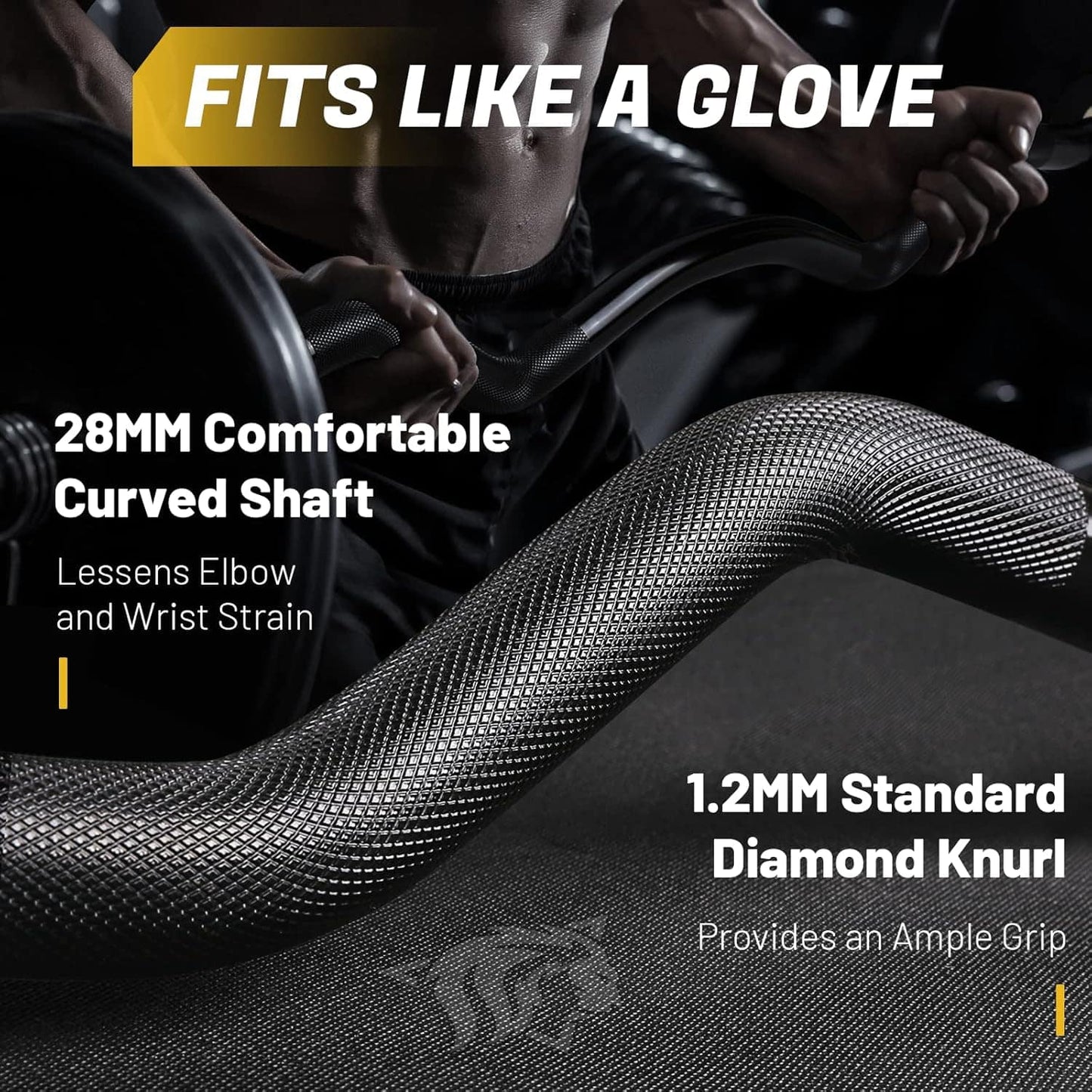 Barbell with text highlighting features like 'Fits Like a Glove' and '28MM Comfortable Curved Shaft'.