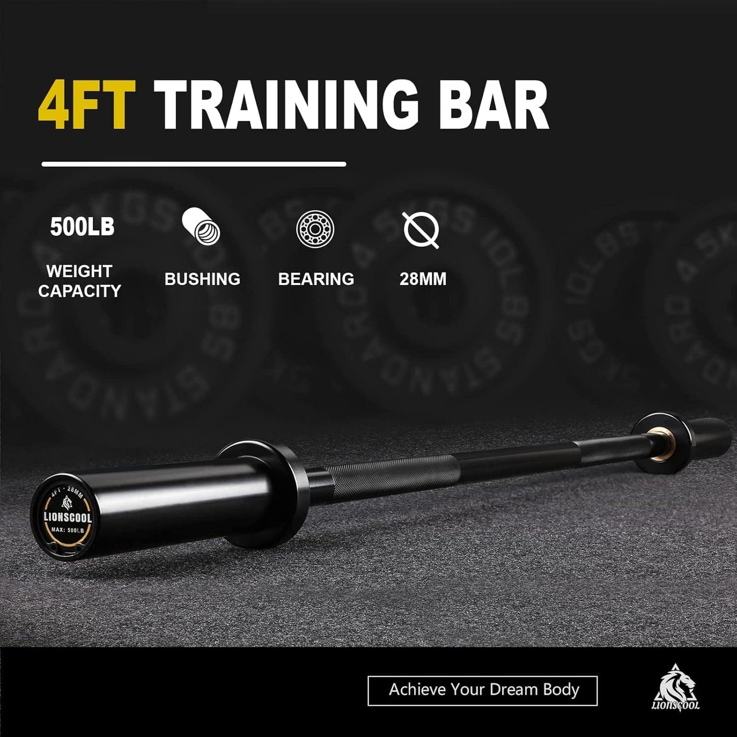 4FT Training Bar with specifications on a dark background