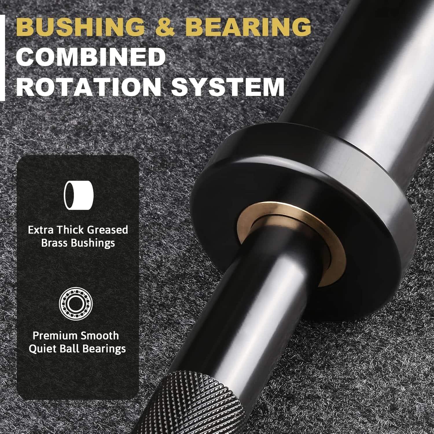 Barbell with bushings and bearings labeled on a textured background