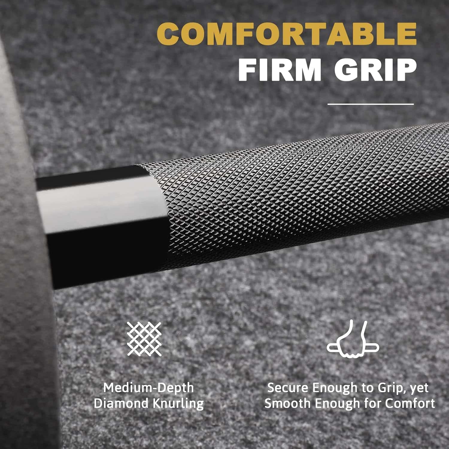 Close-up of a textured bar with 'Comfortable Firm Grip' text and features on a gray background.