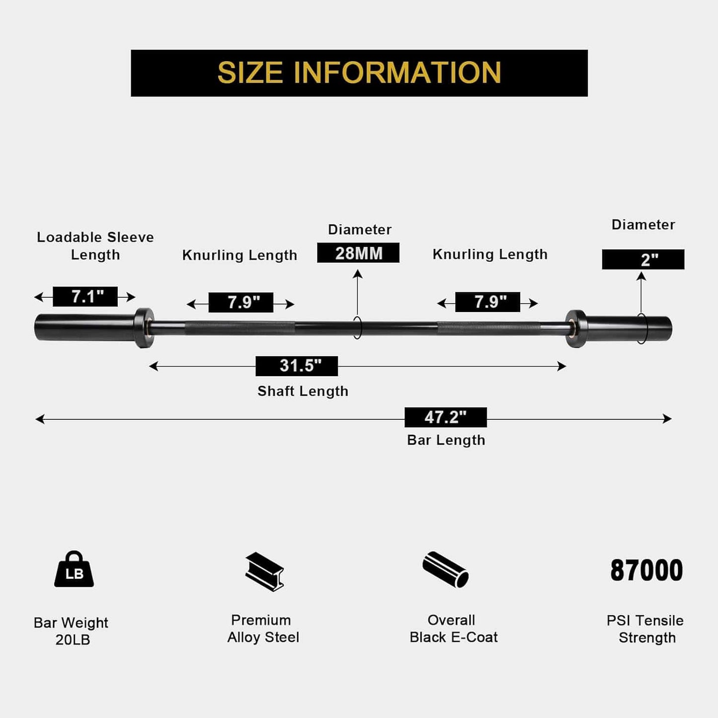 WOD Barbell dimensions and specifications on a white background