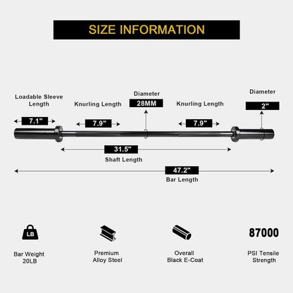 WOD Barbell dimensions and specifications on a white background
