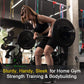Woman lifting a barbell in a gym setting with text about home gym equipment.
