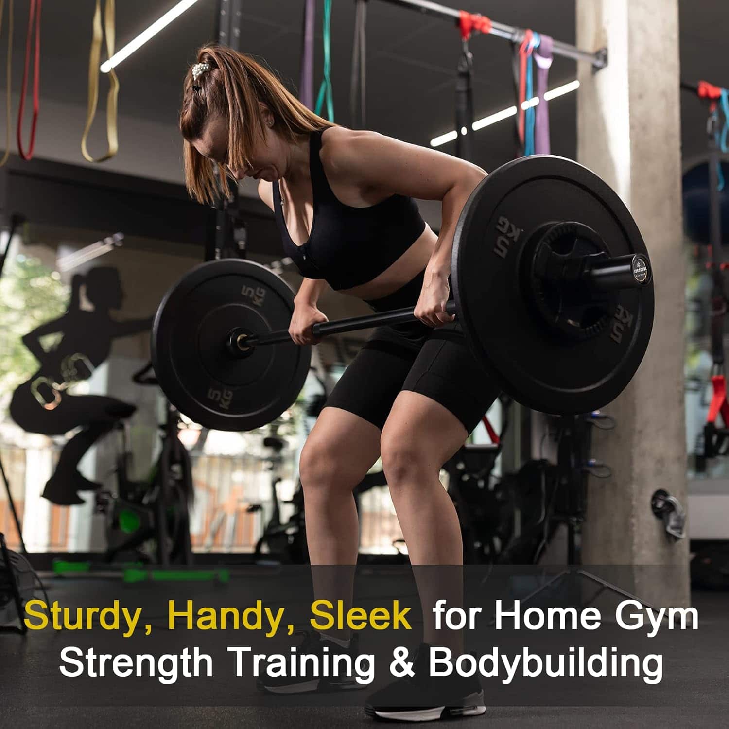 Woman lifting a barbell in a gym setting with text about home gym equipment.