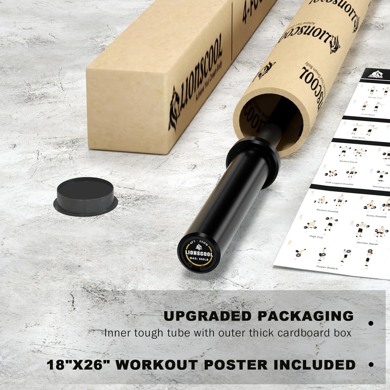Black exercise bar with upgraded packaging on a light gray surface