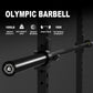 Black Olympic barbell with specifications on a dark background