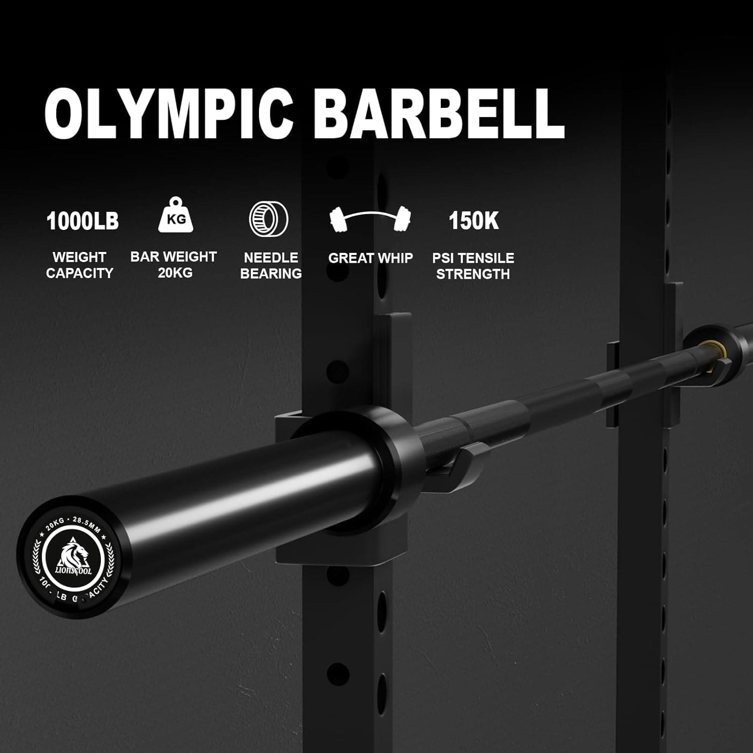 Black Olympic barbell with specifications on a dark background