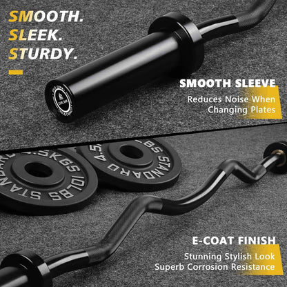 Black barbell with smooth sleeve and E-coat finish on a dark surface