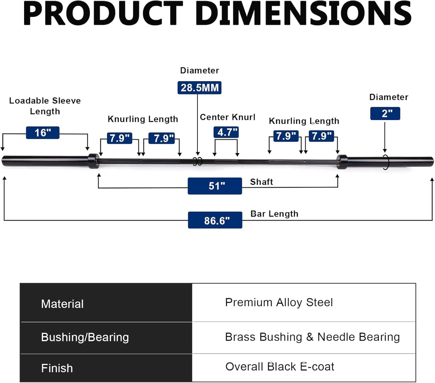 Barbell dimensions diagram with labeled measurements on a white background