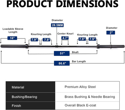 Barbell dimensions diagram with labeled measurements on a white background