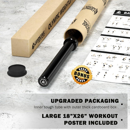 Black Olympic weight bar with upgraded packaging, cardboard box, and workout poster on a light gray surface.