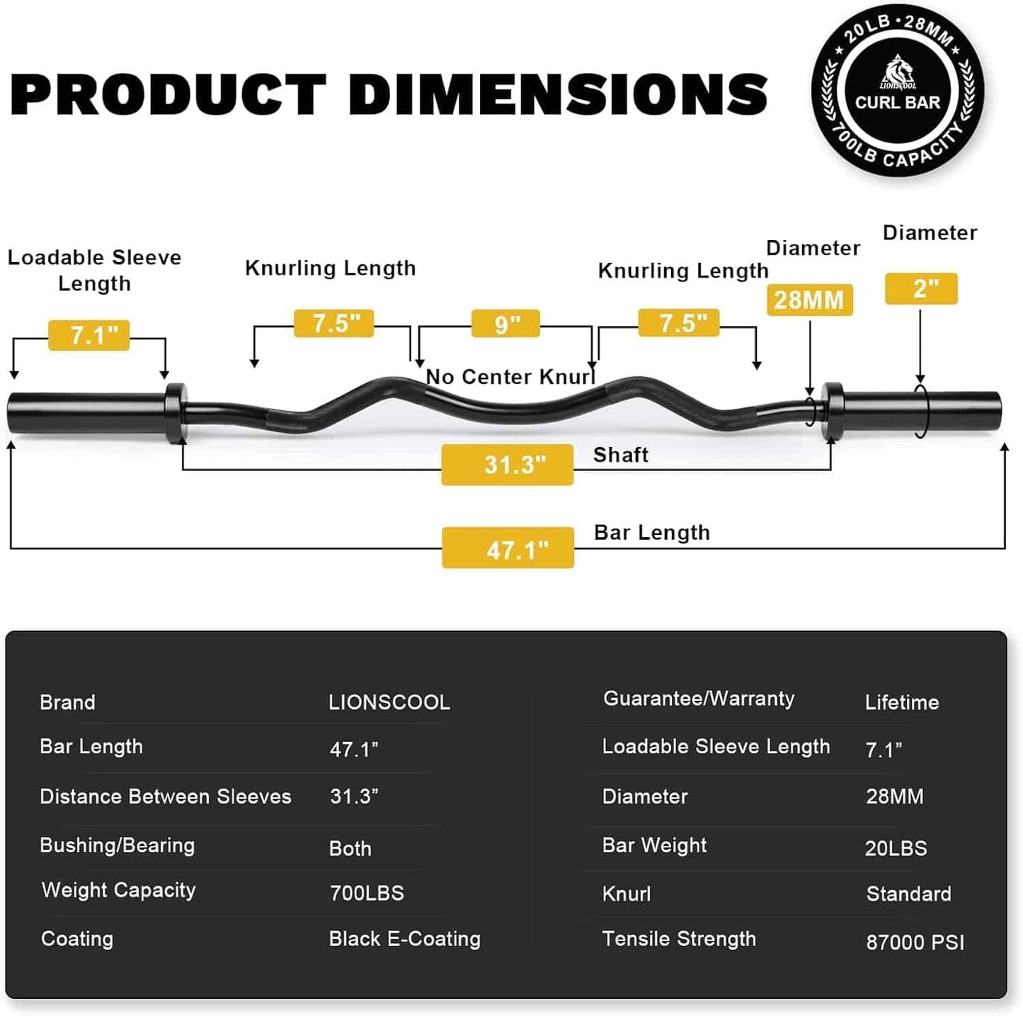 Product dimensions diagram of a curl bar with labeled measurements and specifications.