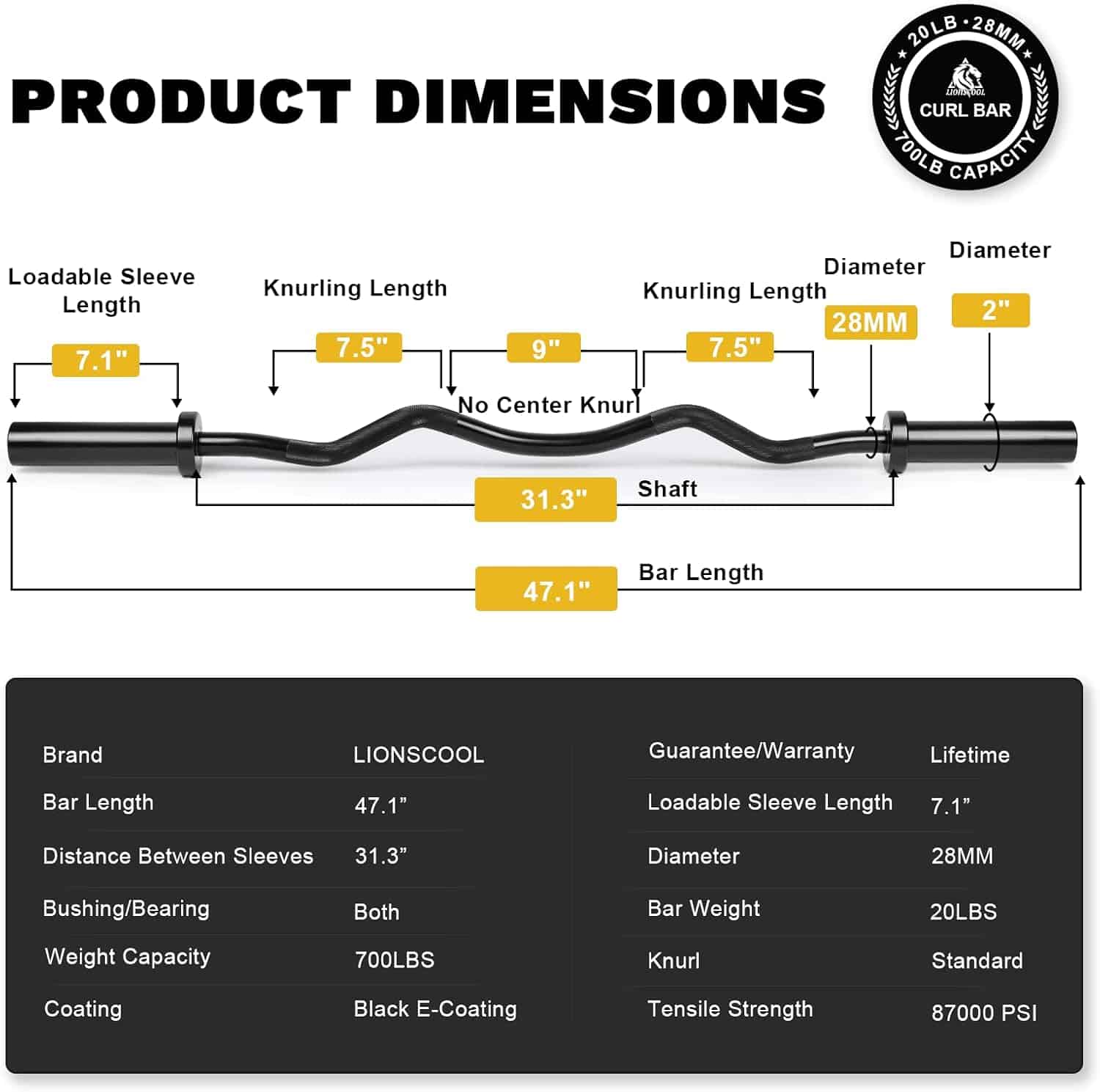 Product dimensions diagram of a curl bar with labeled measurements and specifications.