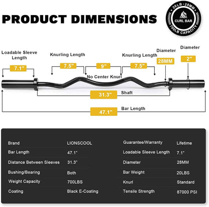 Product dimensions diagram of a curl bar with labeled measurements and specifications.