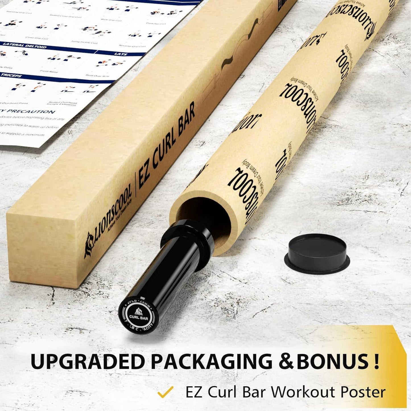 Lioncool EZ Curl Bar with upgraded packaging and a bonus workout poster on a light gray surface.