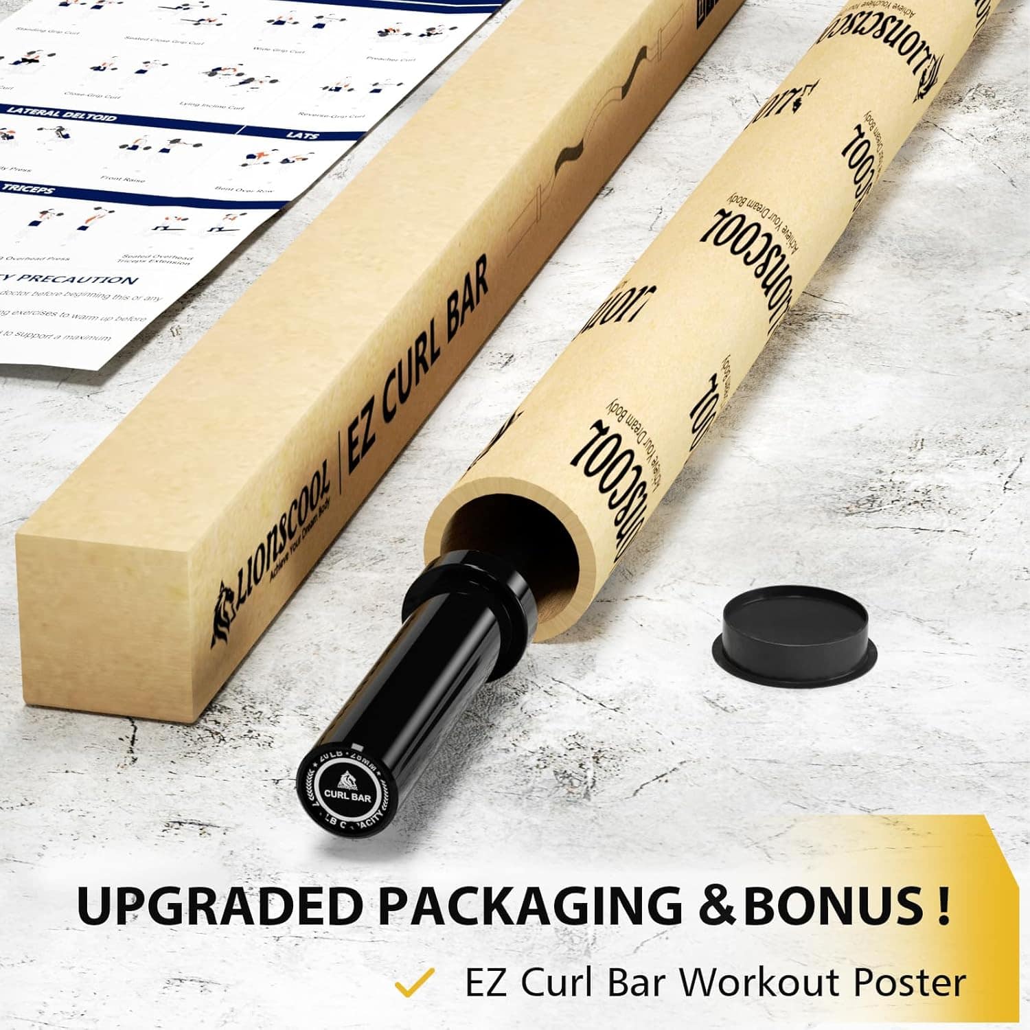 Lioncool EZ Curl Bar with upgraded packaging and a bonus workout poster on a light gray surface.