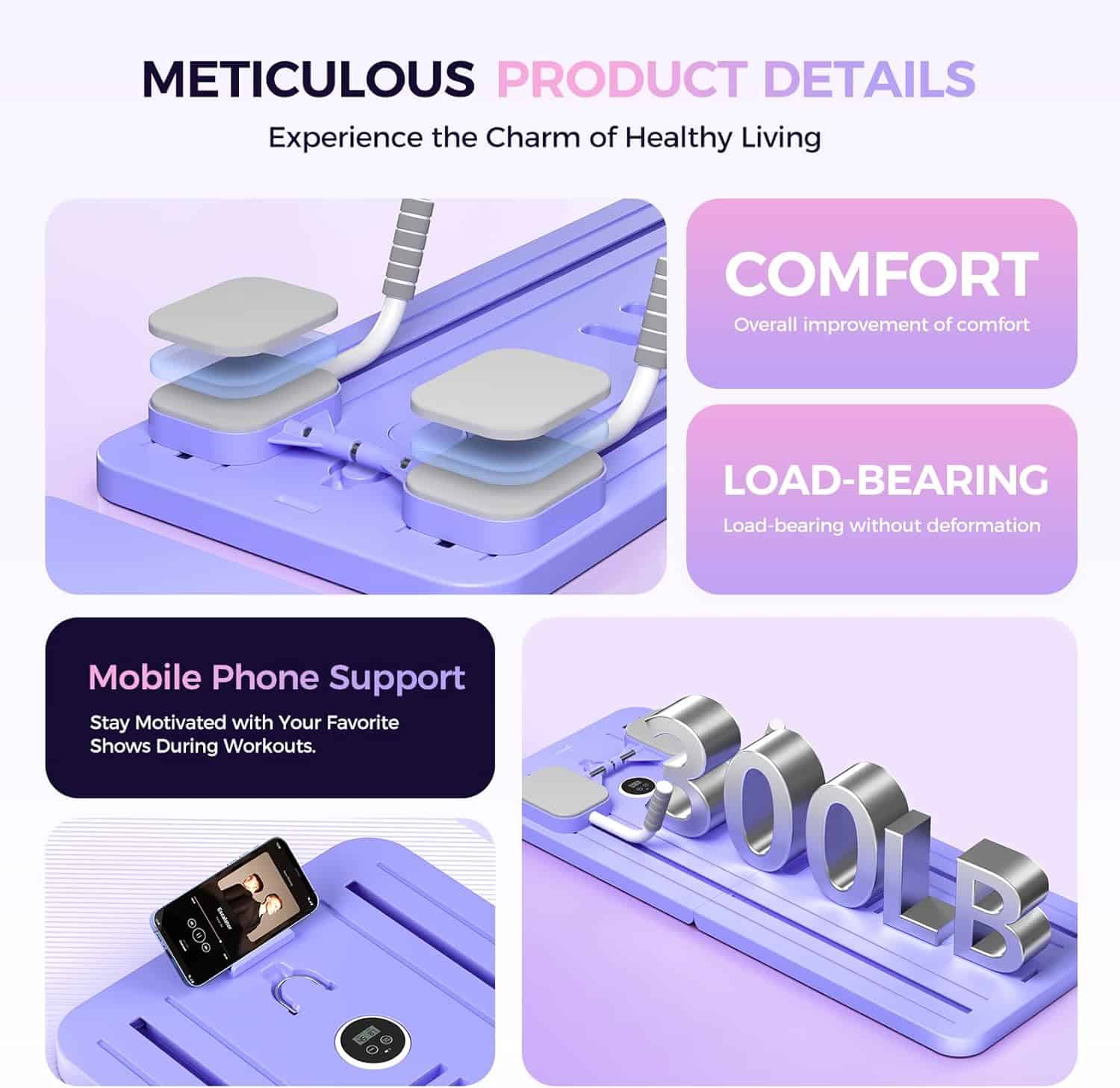 Product details of a fitness device with comfort, load-bearing, and mobile phone support features on a purple background.