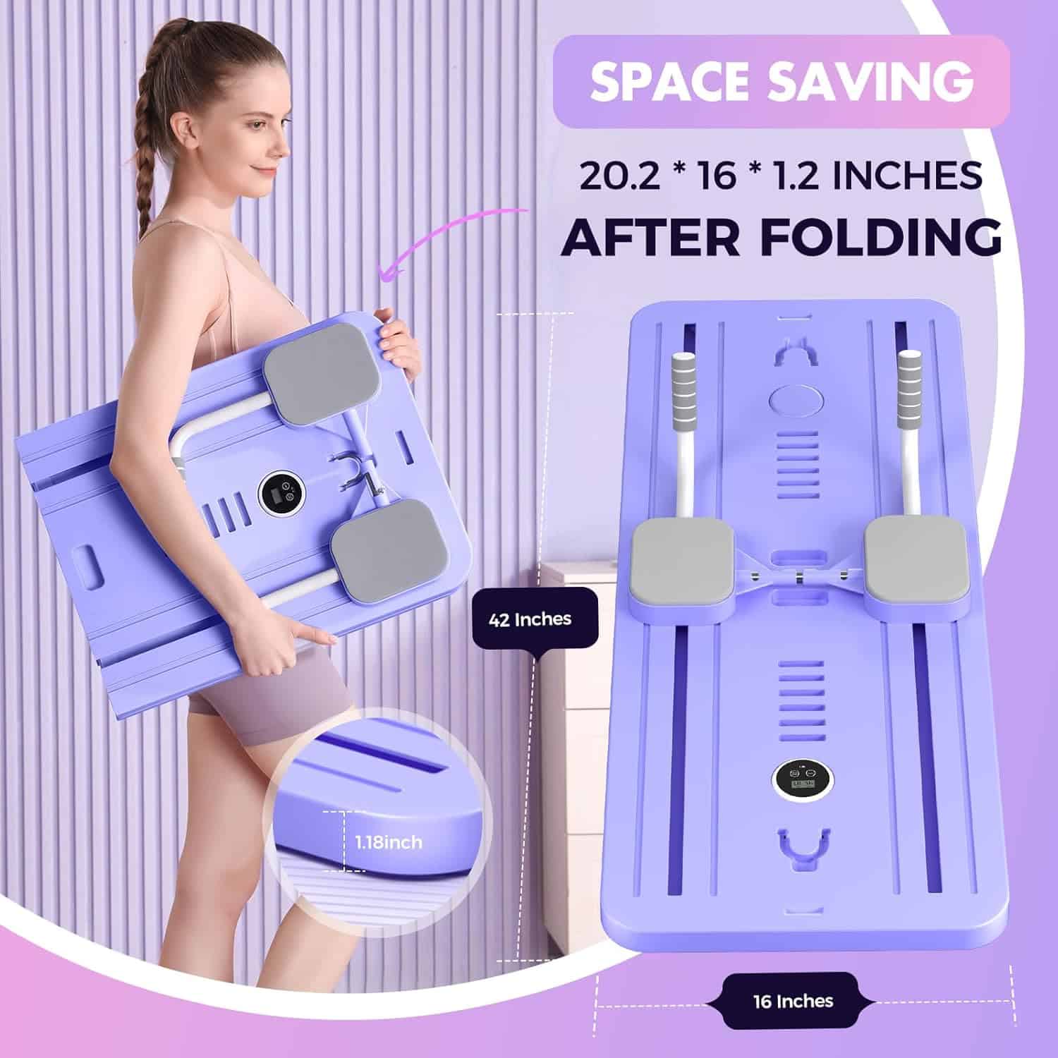 Woman holding a space-saving folding product with measurements displayed.