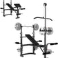 Weight lifting bench and rack with weight plates on a white background