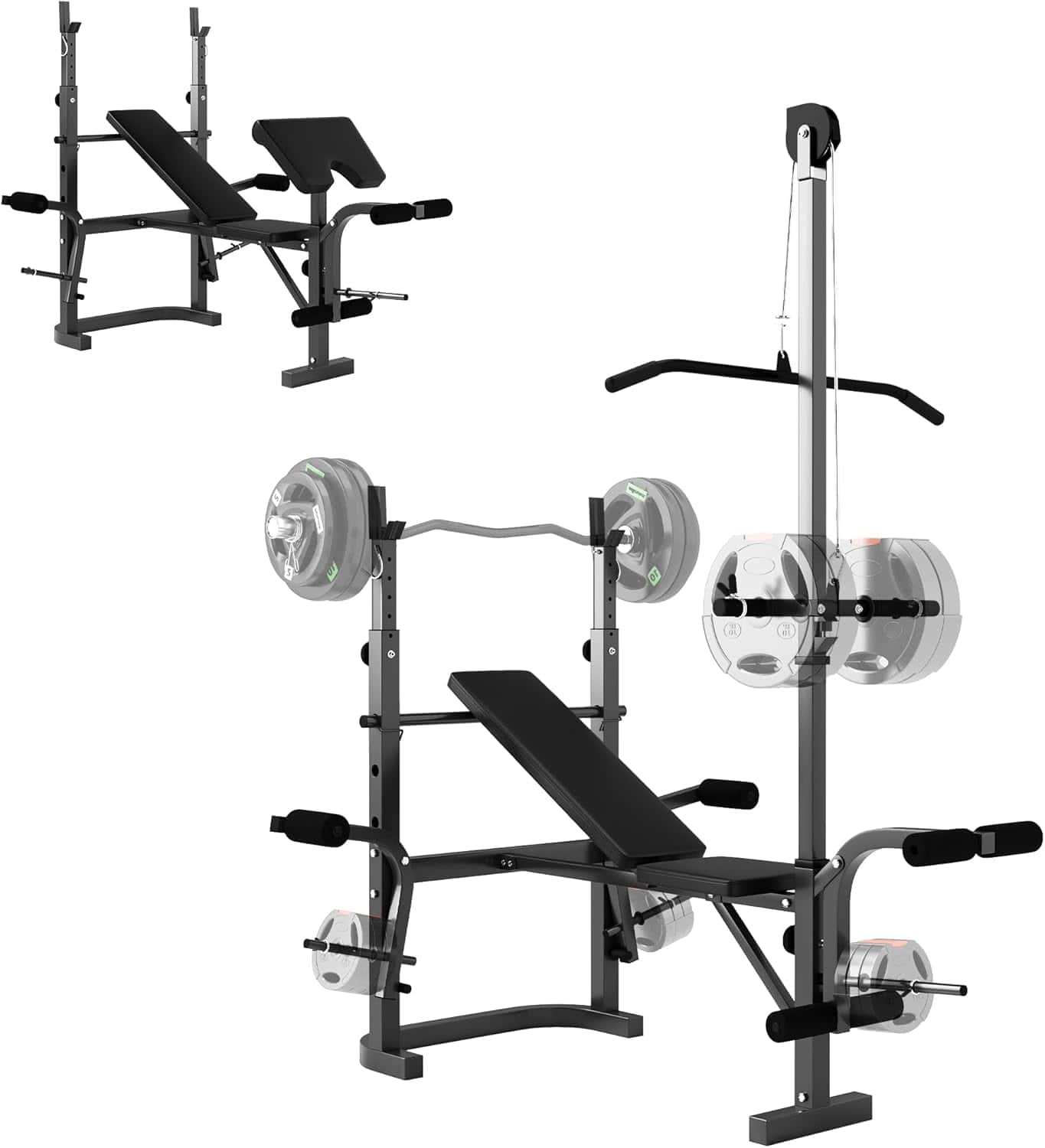 Weight lifting bench and rack with weight plates on a white background
