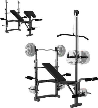 Weight lifting bench and rack with weight plates on a white background