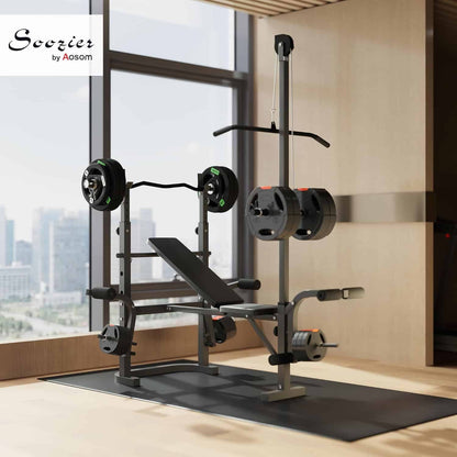 Gym equipment set with weights and bench in a modern room.
