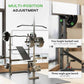 Gym equipment with multi-position adjustment features, including a barbell rack and gym bench.