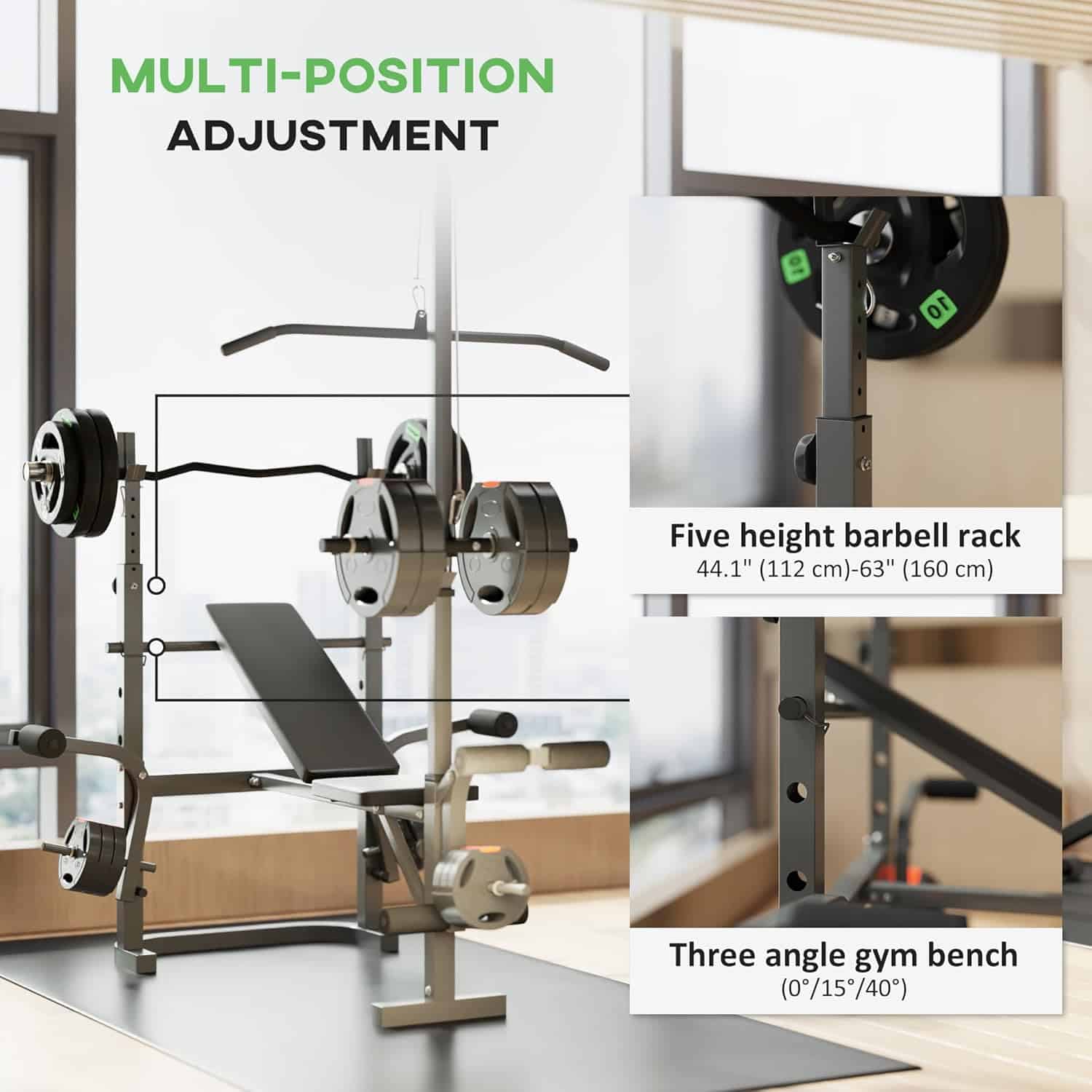 Gym equipment with multi-position adjustment features, including a barbell rack and gym bench.