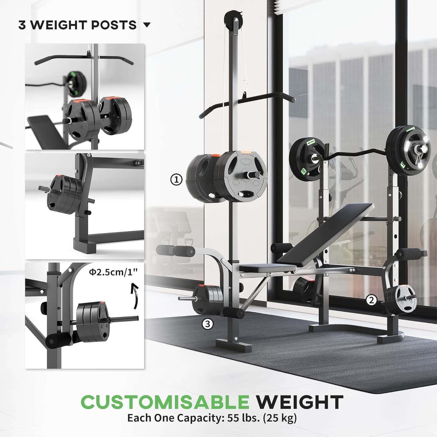 Gym weight bench with customizable weight capacity in a gym setting.