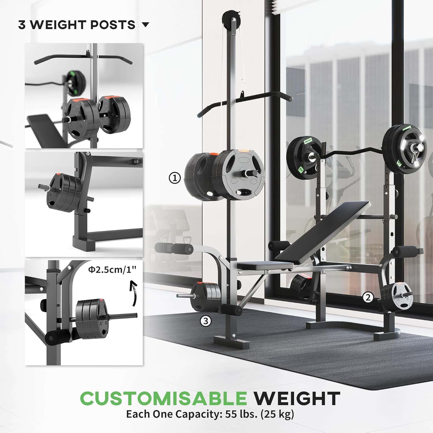 Gym weight bench with customizable weight capacity in a gym setting.