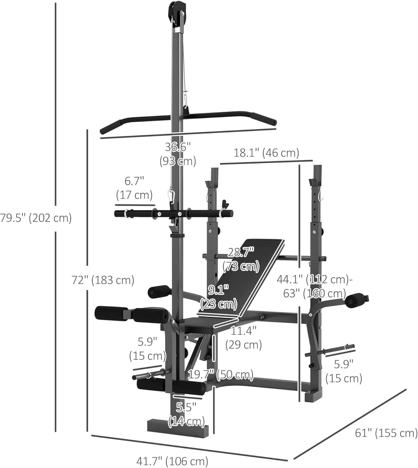 Dimensions of a weight lifting rack with labeled measurements on a white background
