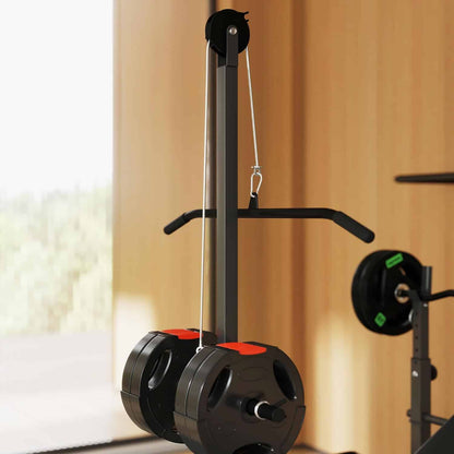 Home gym pulley system with weights on a blurred background