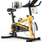 Yellow exercise bike with smartphone mount on a white background