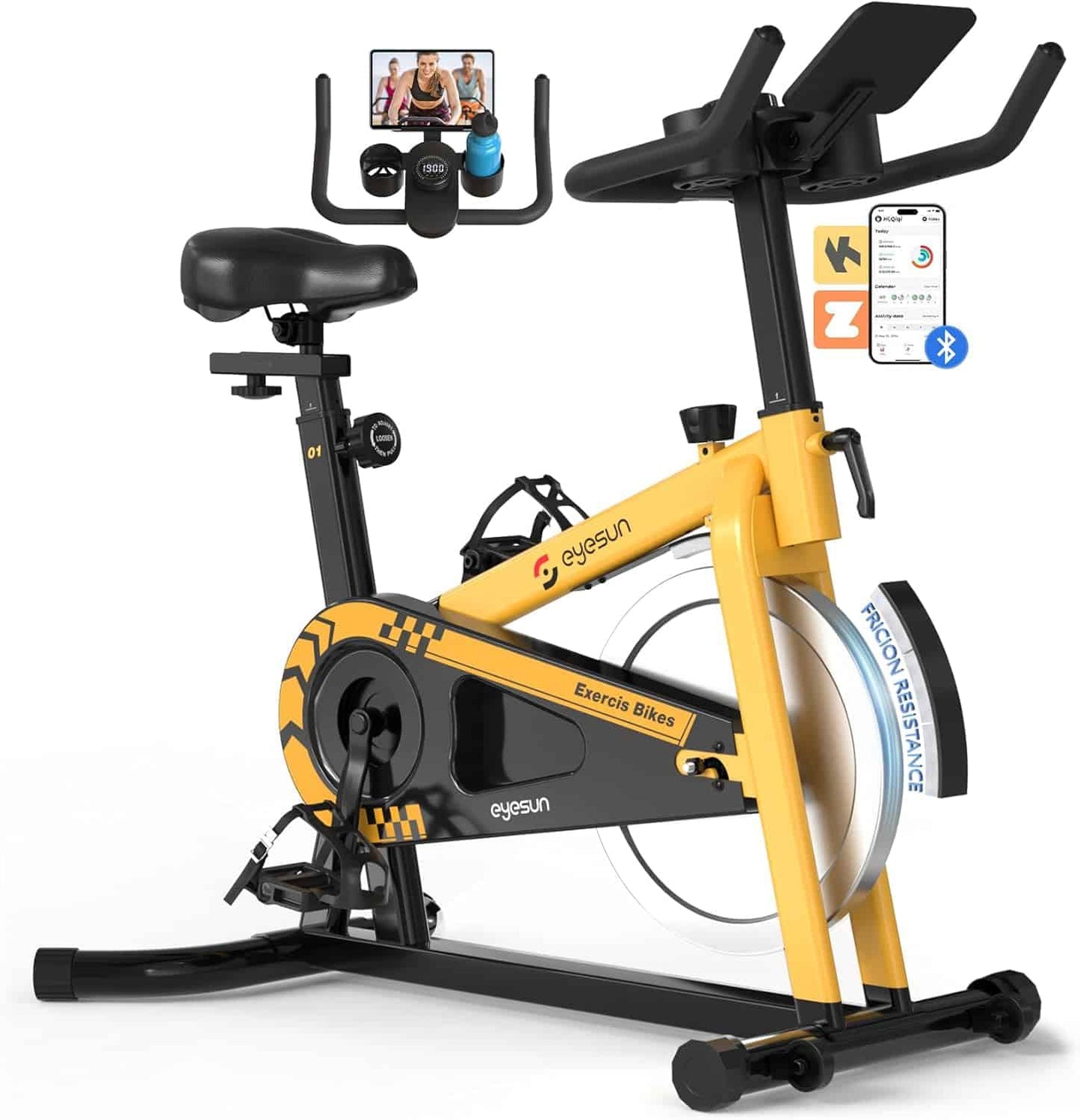 Yellow exercise bike with smartphone mount on a white background