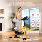 Woman exercising on a stationary bike in a home setting with safety features highlighted.