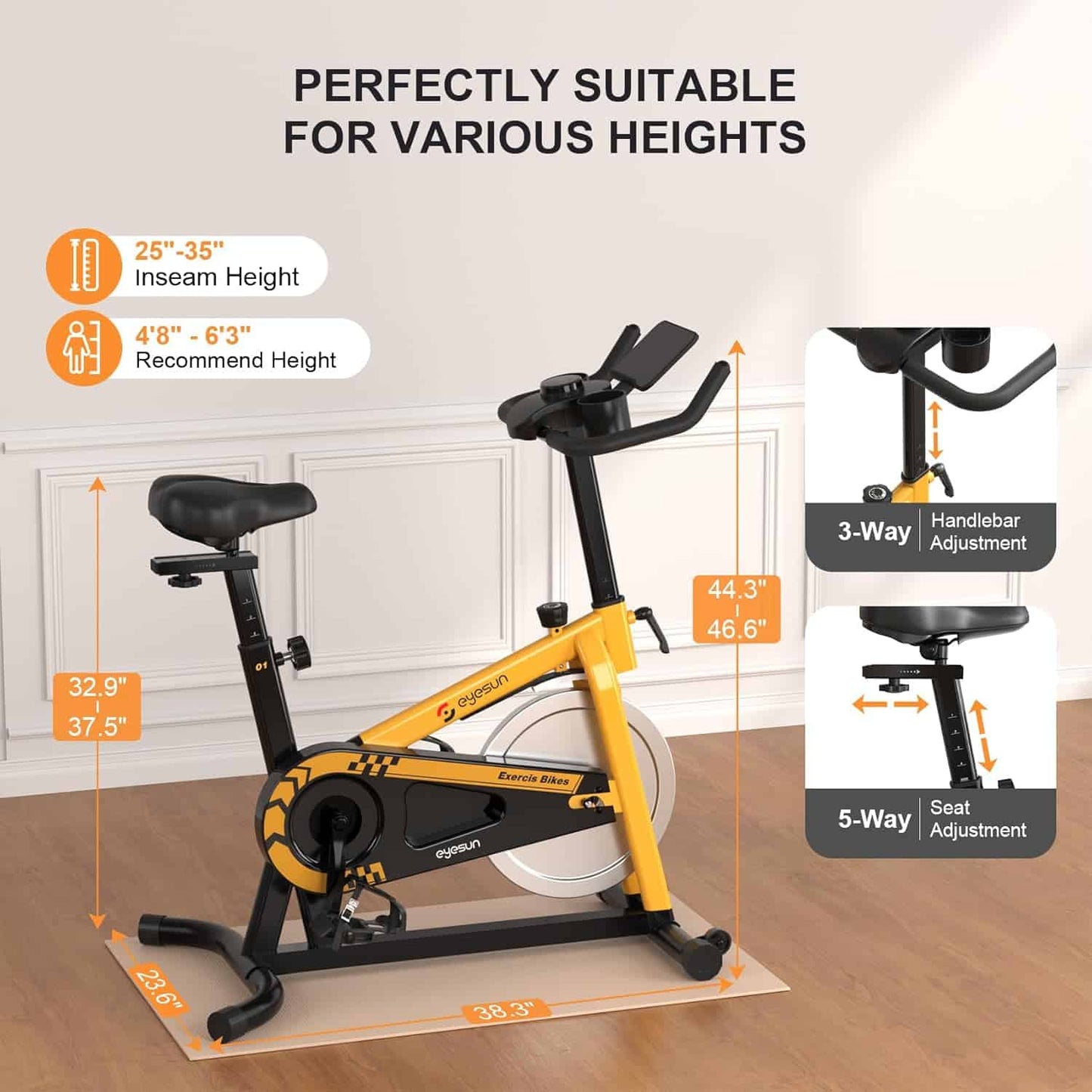 Yellow and black exercise bike with height and handlebar adjustment features on a wooden floor.