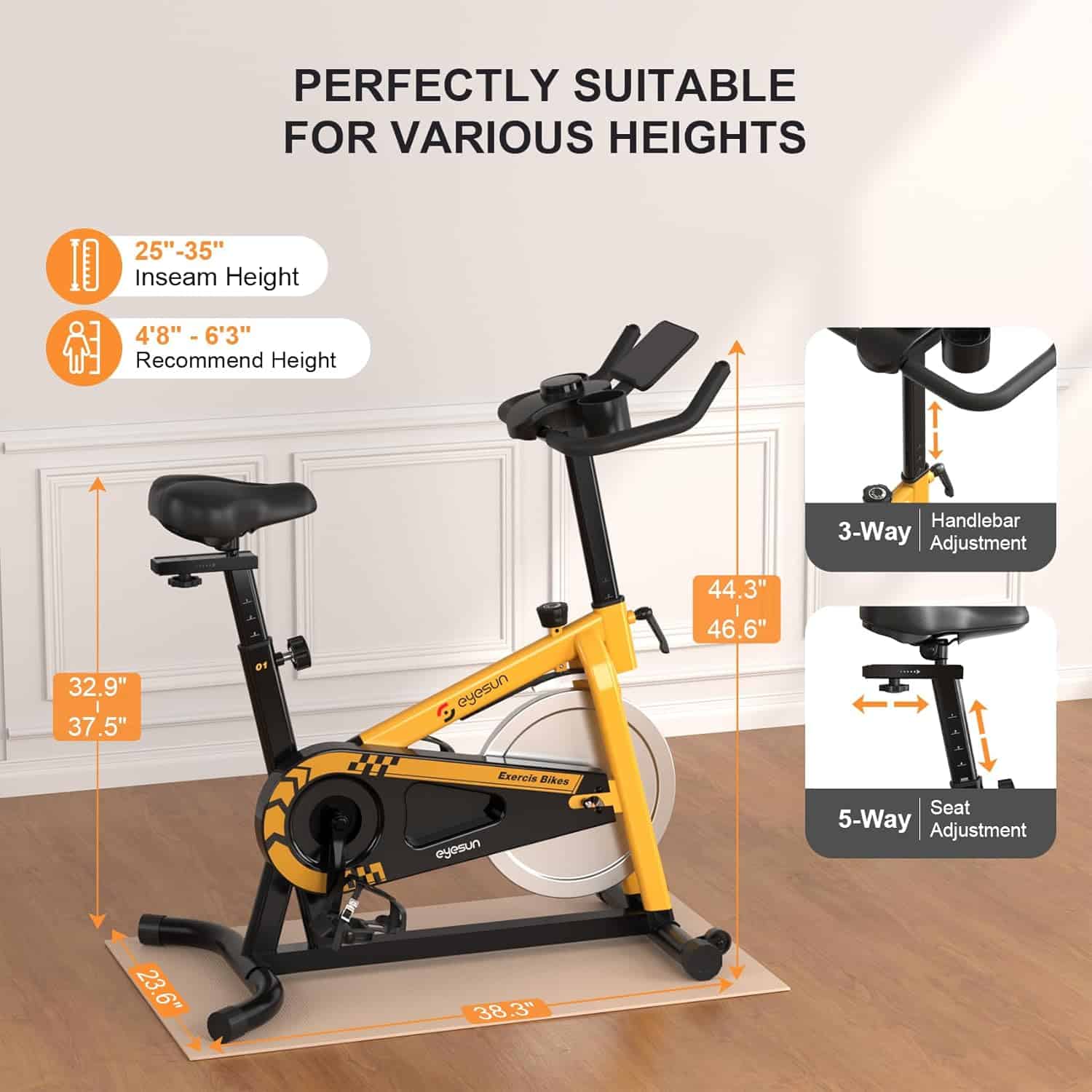 Yellow and black exercise bike with height and handlebar adjustment features on a wooden floor.