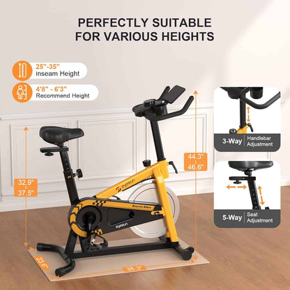 Yellow and black exercise bike with height and handlebar adjustment features on a wooden floor.