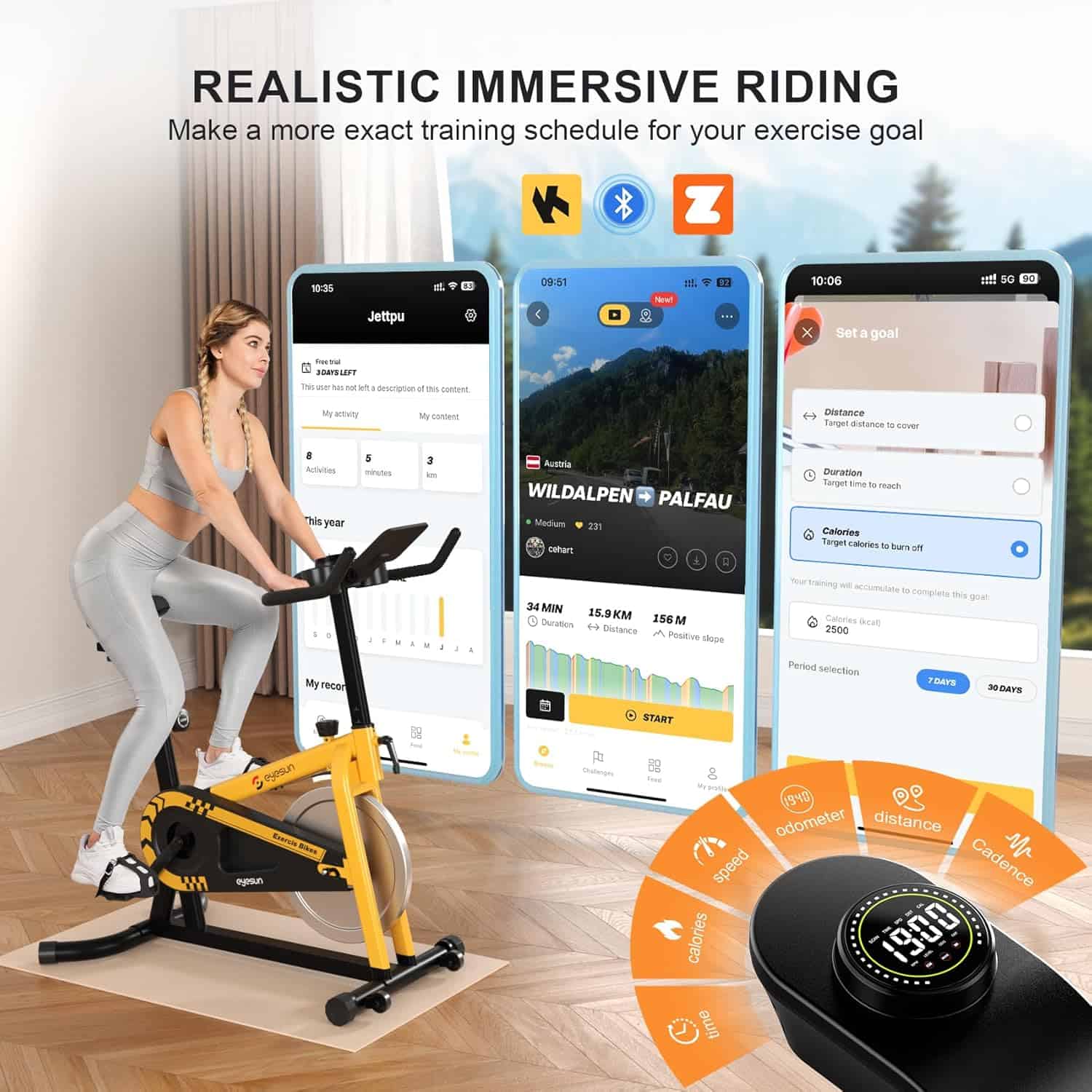 Person using a stationary bike with smartphone apps displayed on screens