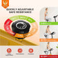 Adjustable resistance dial for a home fitness bike with usage scenarios and safety features.