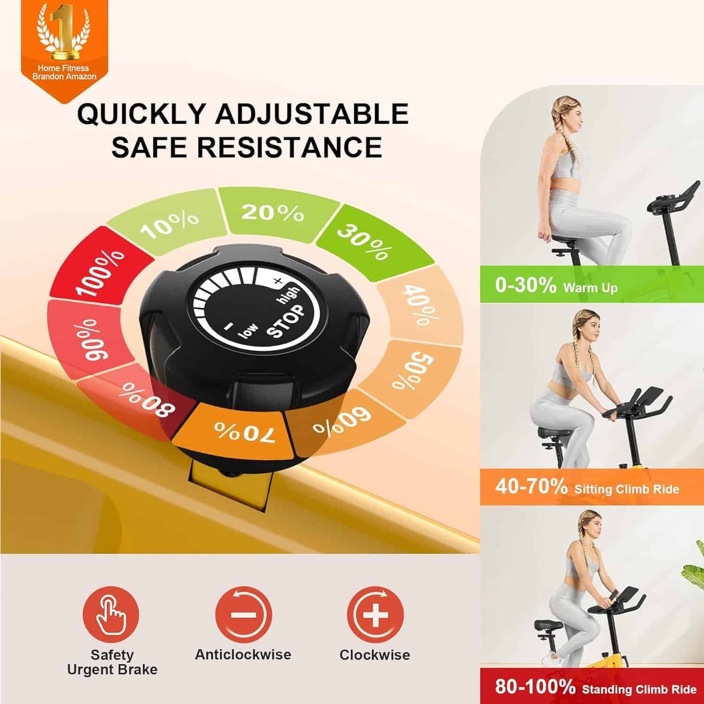 Adjustable resistance dial for a home fitness bike with usage scenarios and safety features.