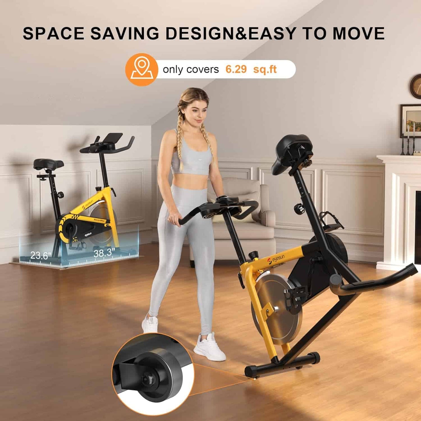 Woman standing next to a space-saving exercise bike in a living room.