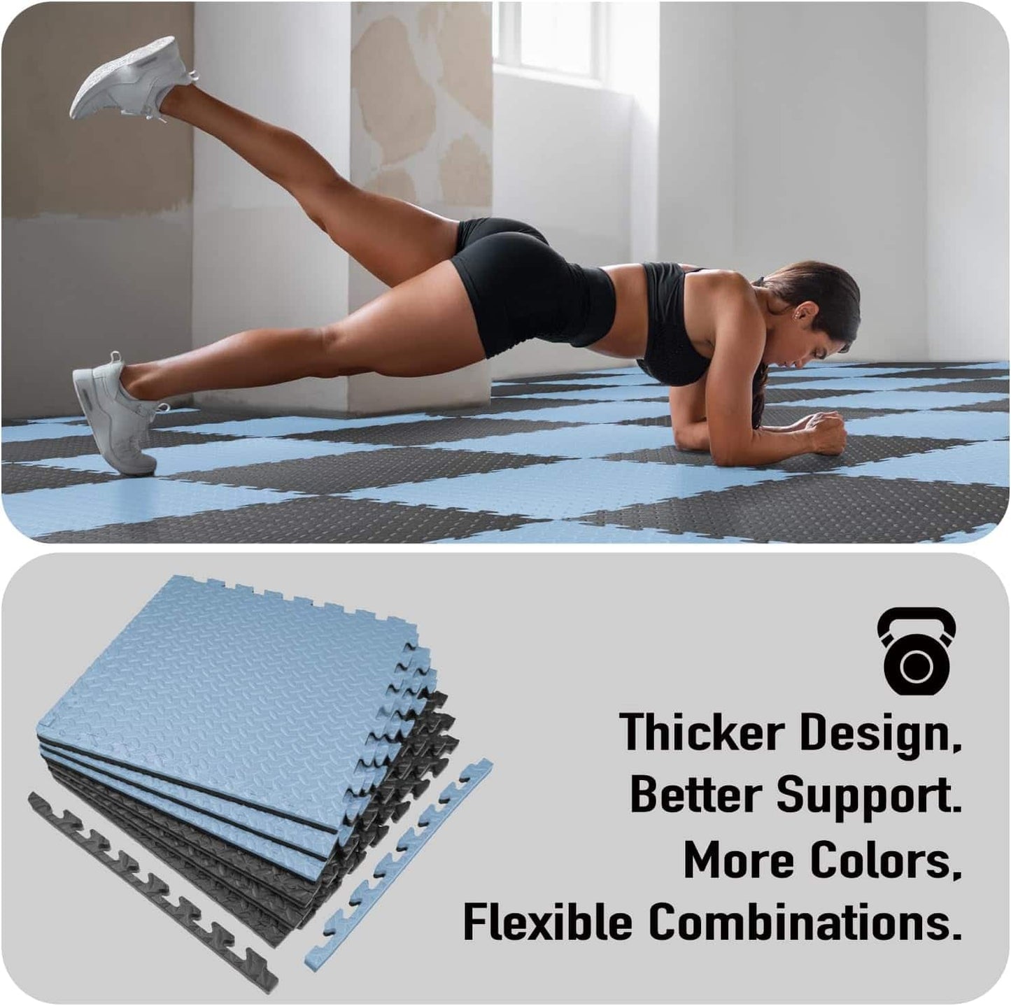 Extra Thick EVA Foam Gym Mats – 0.79" High-Density Interlocking Floor Tiles (48 sq ft, 12-Pack) | Dual-Color, Non-Slip, Waterproof Workout Mats for Home Gym & Equipment Protection AIRHOP