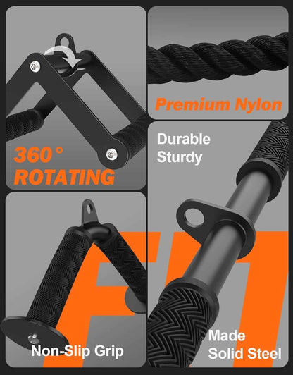Black metal anchor with premium nylon rope, 360-degree rotation, non-slip grip, and solid steel construction on a gray background.