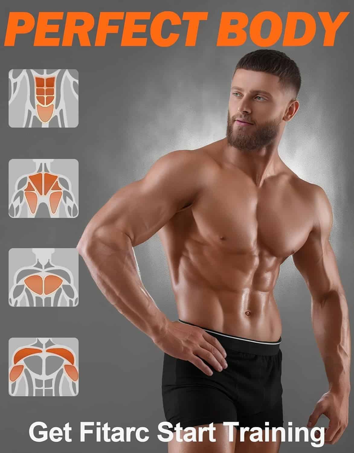 Muscular man with fitness icons and text about starting training